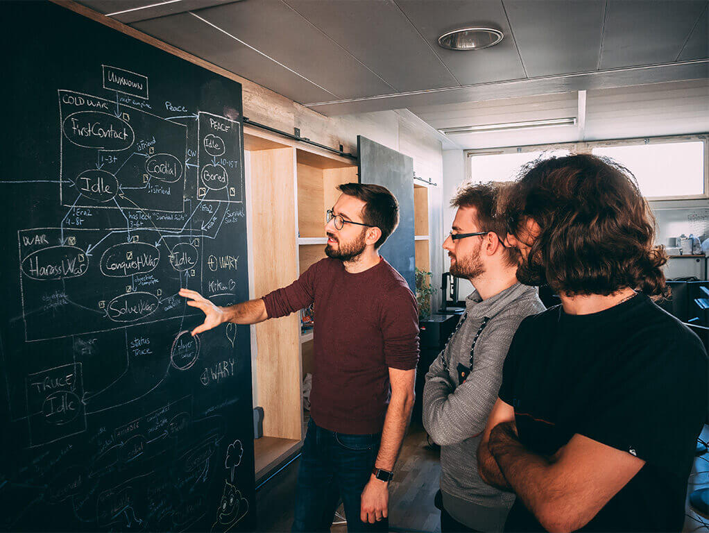 Our Game designer team watching a strategic board